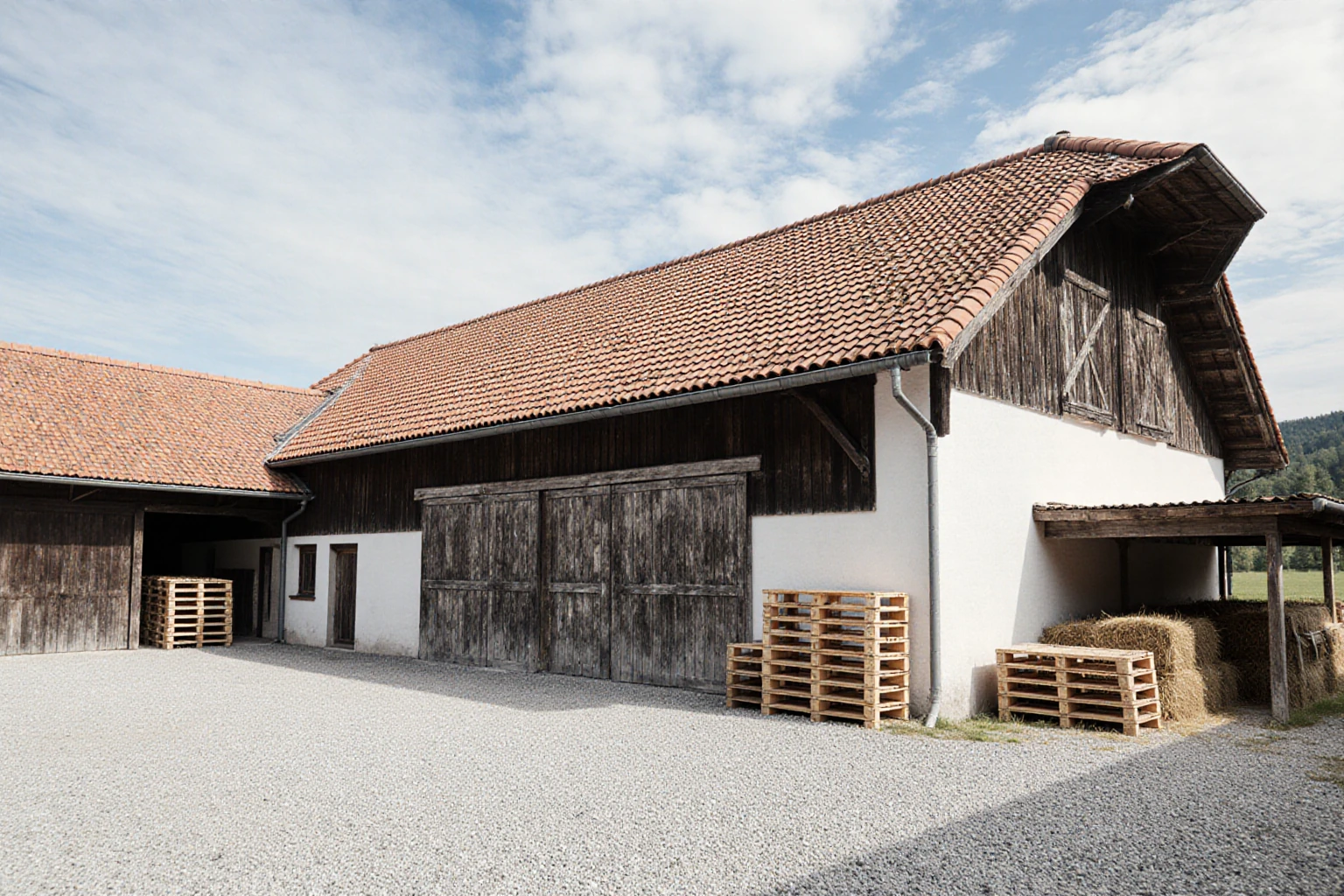 Landwirtschaftliche Scheune mit Holztoren und befestigtem Hof